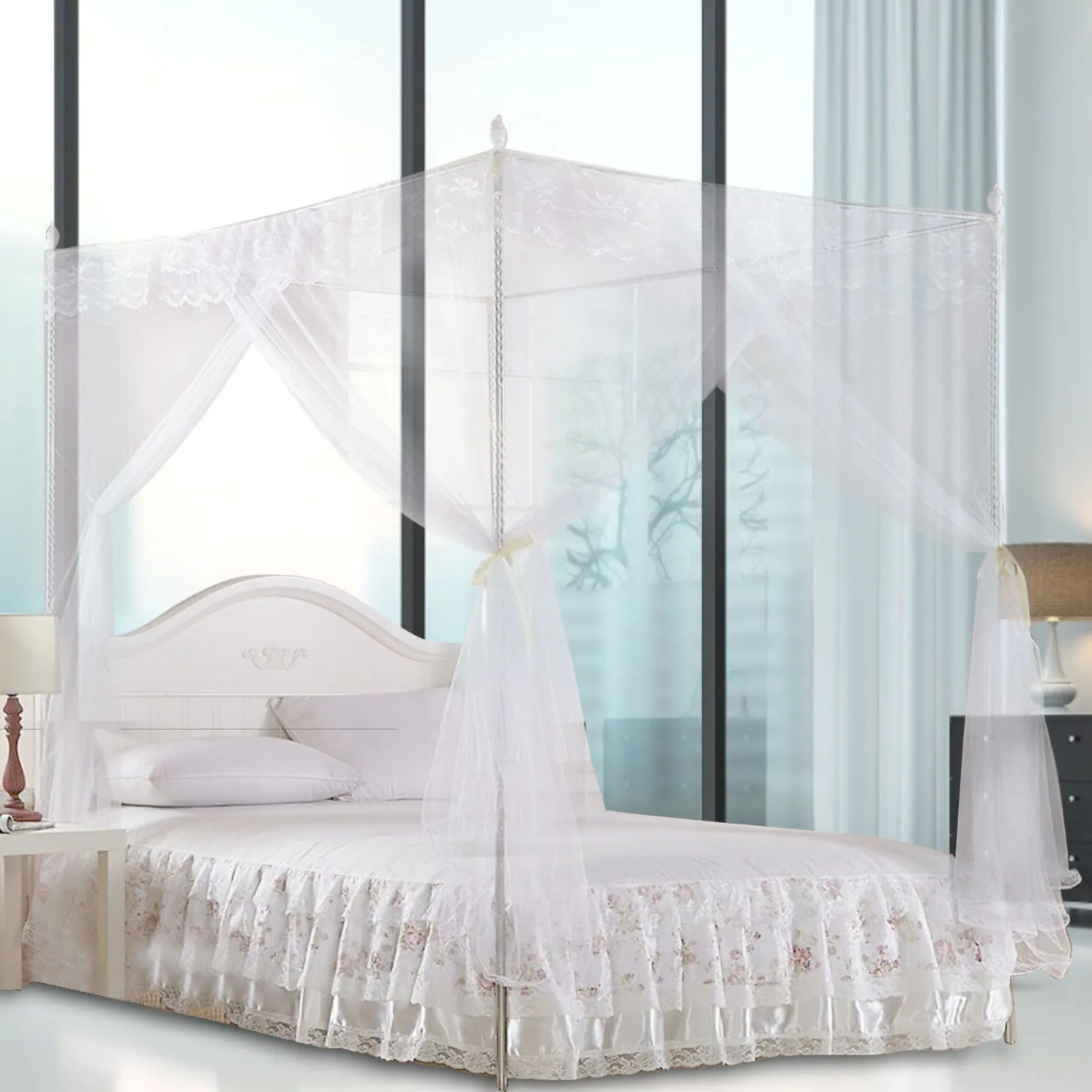 Luxury White Princess Three Side Openings Post Bed Curtain Canopy Netting Mosquito Net Bedding