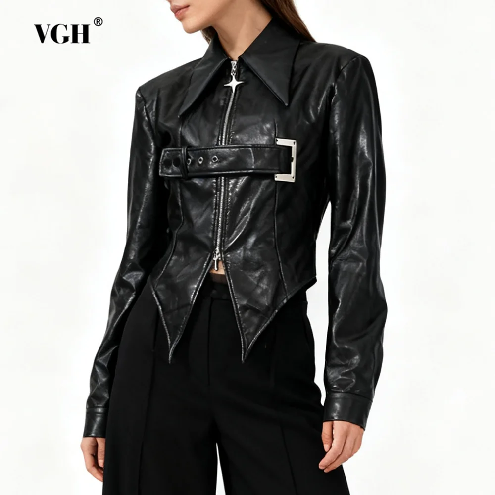 

VGH однотонные темпераментные утягивающие куртки для женщин с лацканами и длинными рукавами на молнии, осенняя дизайнерская куртка, женский модный стиль