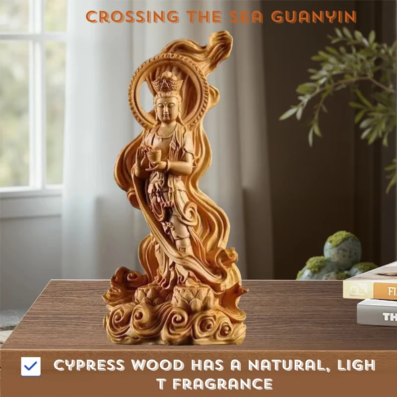 Wood Carving Guanyin Bodhisattva Buddha Statue Chinese Buddha Solid Wood Carving Home Room Wealth Luck Feng Shui Decor Buddha