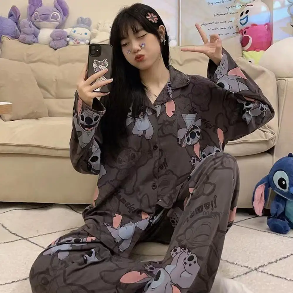 

2 шт., пижамы с длинными рукавами и рисунком, Kawaii Sanrio Hello Kitty, женский кардиган с лацканами, пижамы, повседневная свободная одежда для дома