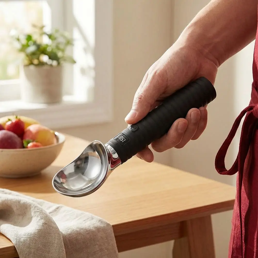 

USB Rechargeable Heated Ice Cream Scoop LED Display Adjust Temperature Self Warming Dessert Gadget Rust-proof Ergonomic Handle