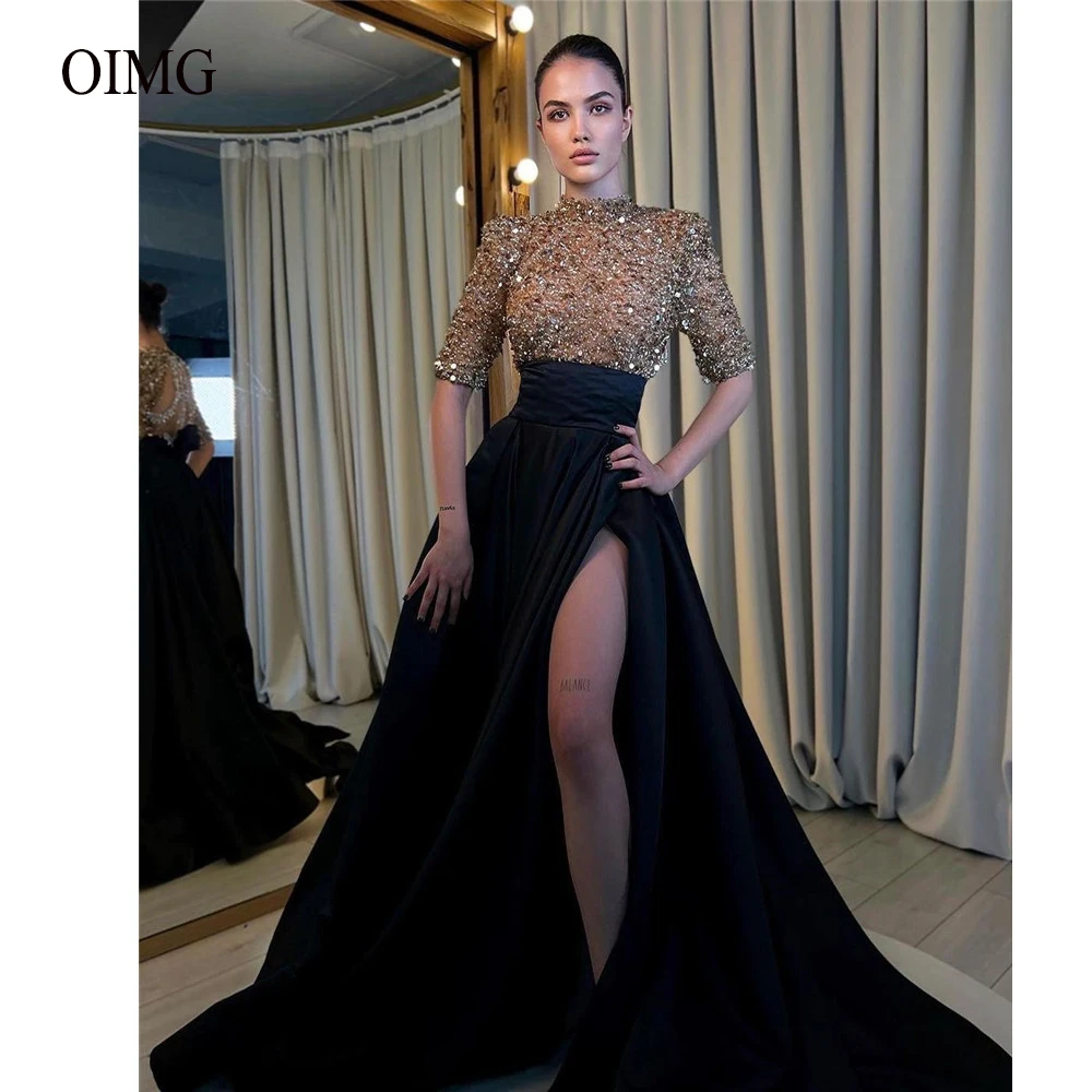 OIMG Glitter Black Velvet Long Evening Dresses High Neck Half Sleeves High Slit Dubai Arabic Women Party Formal Prom Gowns