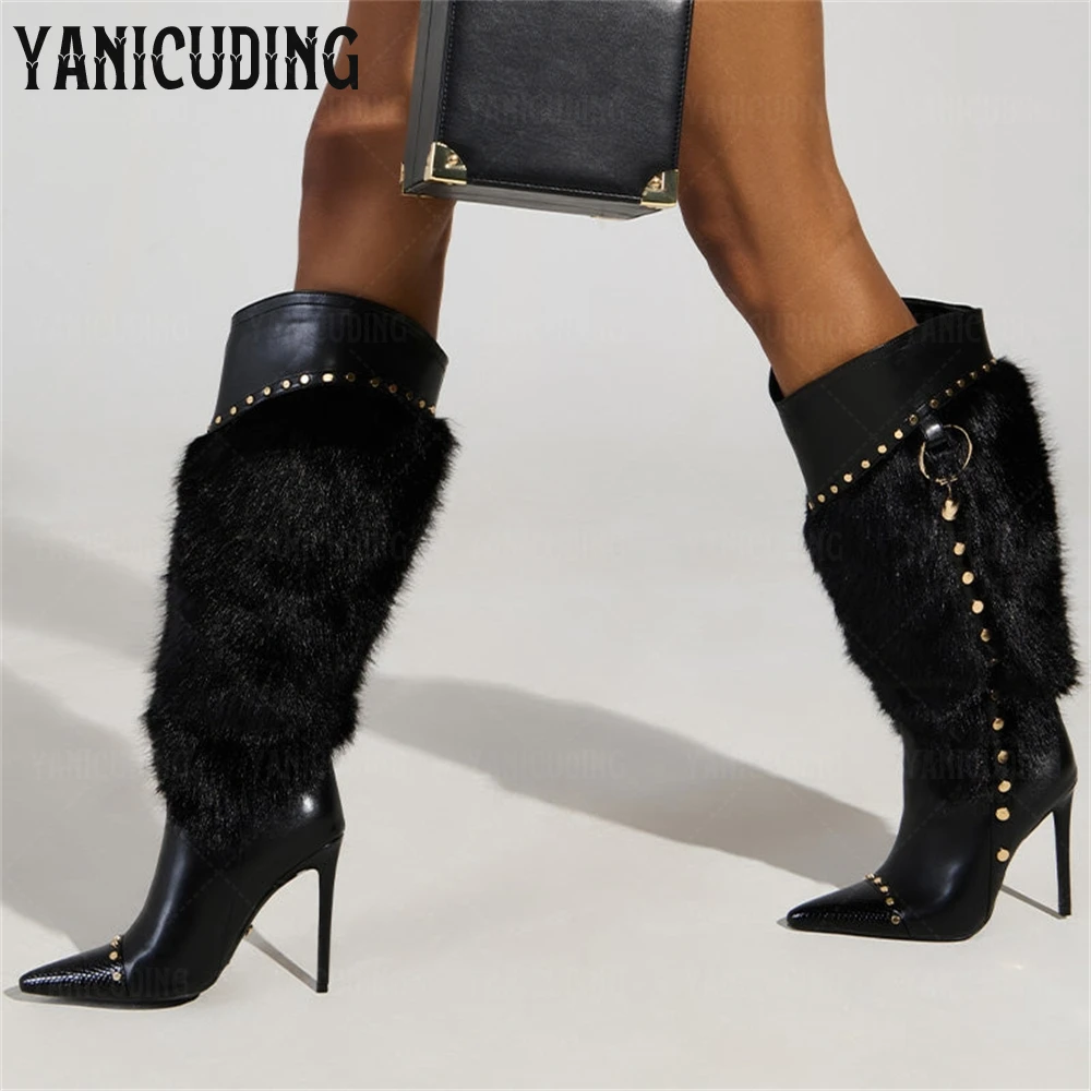 Black Fur Embellished Knee Boots Faux Snakeskin Paneling Sexy Boots Metallic Rivet Embellished Smooth Faux Leather Women Boots