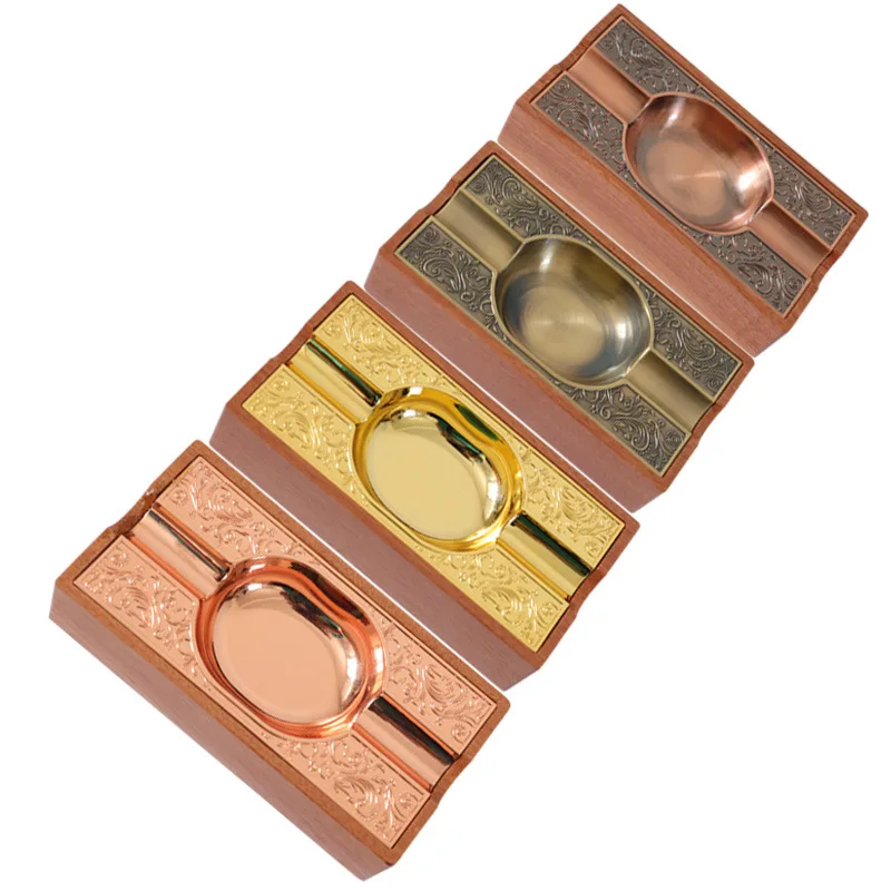 Solid Wood Cigar Ashtray, High-end, Creative, Light, Luxury Metal, Portable, Home, Double Slot, Vintage Cigarette Ashtray