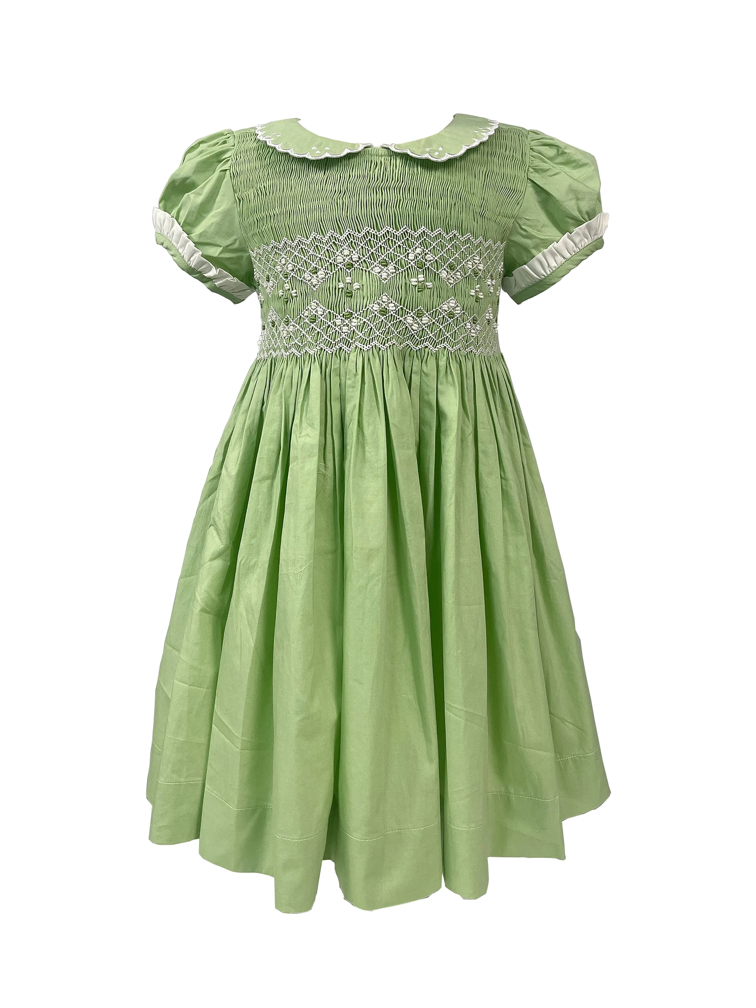 Summer Heavy Handmade Smocking Dress Bubble 2Pcs Set Green Cotton Embroidery Brothers Sisters Banquet Party Performance Clothing