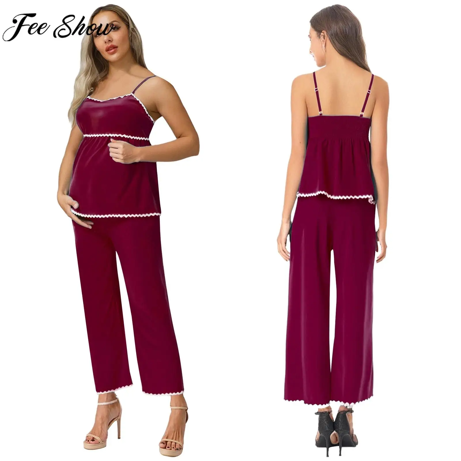 

Pregnant Woman Casual Bohemian Style Outfit Adjustable Strap Smocking Tops with Wide Leg Pants for Party Daily Work Holiday Wear