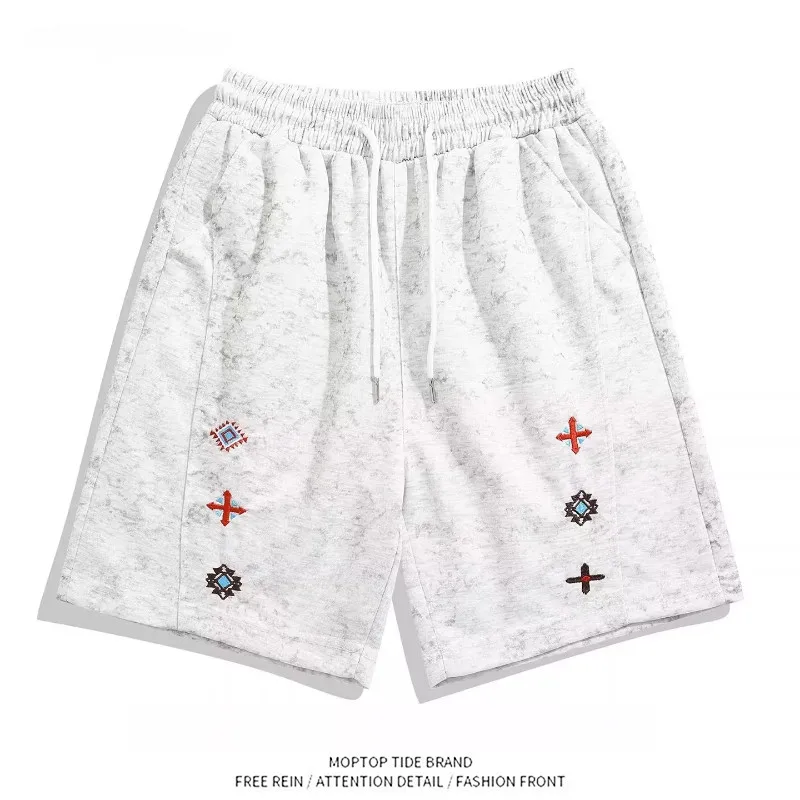 White Grey Embroidered Sports Casual Shorts Men Summer Outdoor Fitness Thin Running Mid-Length Lazy Style Five-Quarter Pants