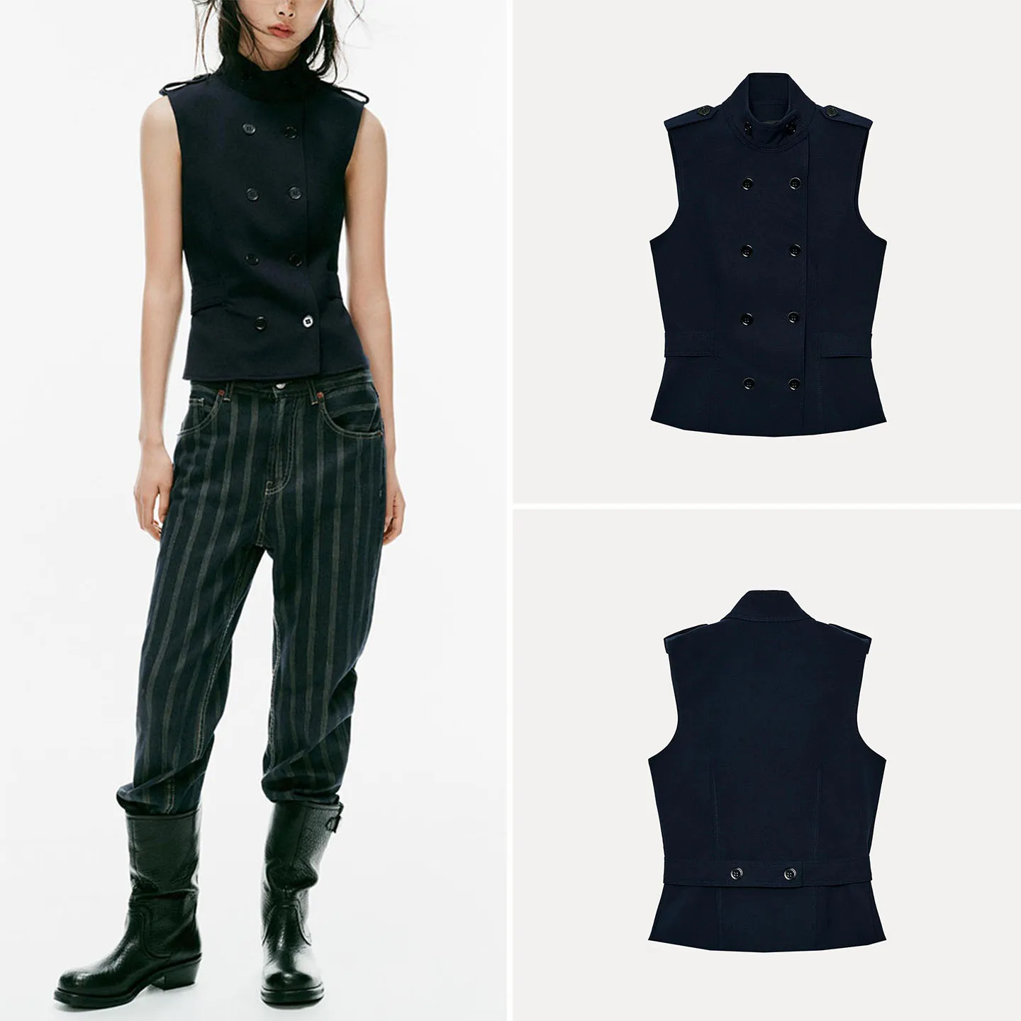 Elegant Women's Sleeveless Stand Collar Gown with Buckle Decoration Autumn Fashion Top by ZADATA Double Row Button Fastening