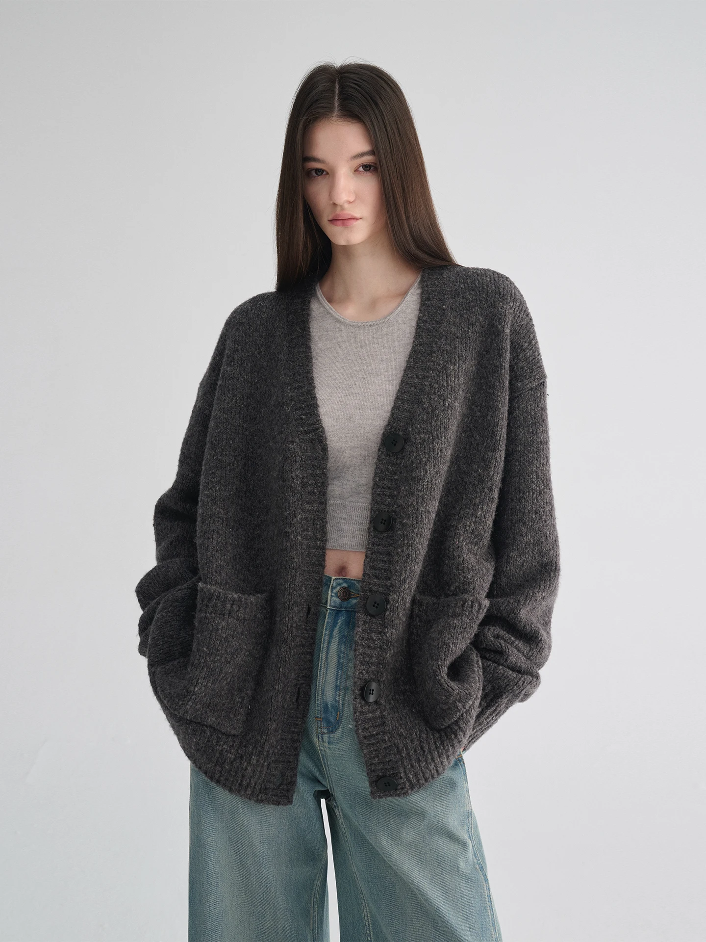 

Кардиган Maison Cecile из мягкой вязки, свободного кроя, с V-образным вырезом, повседневный, длинный рукав, женский вязаный свитер, комфортная посадка