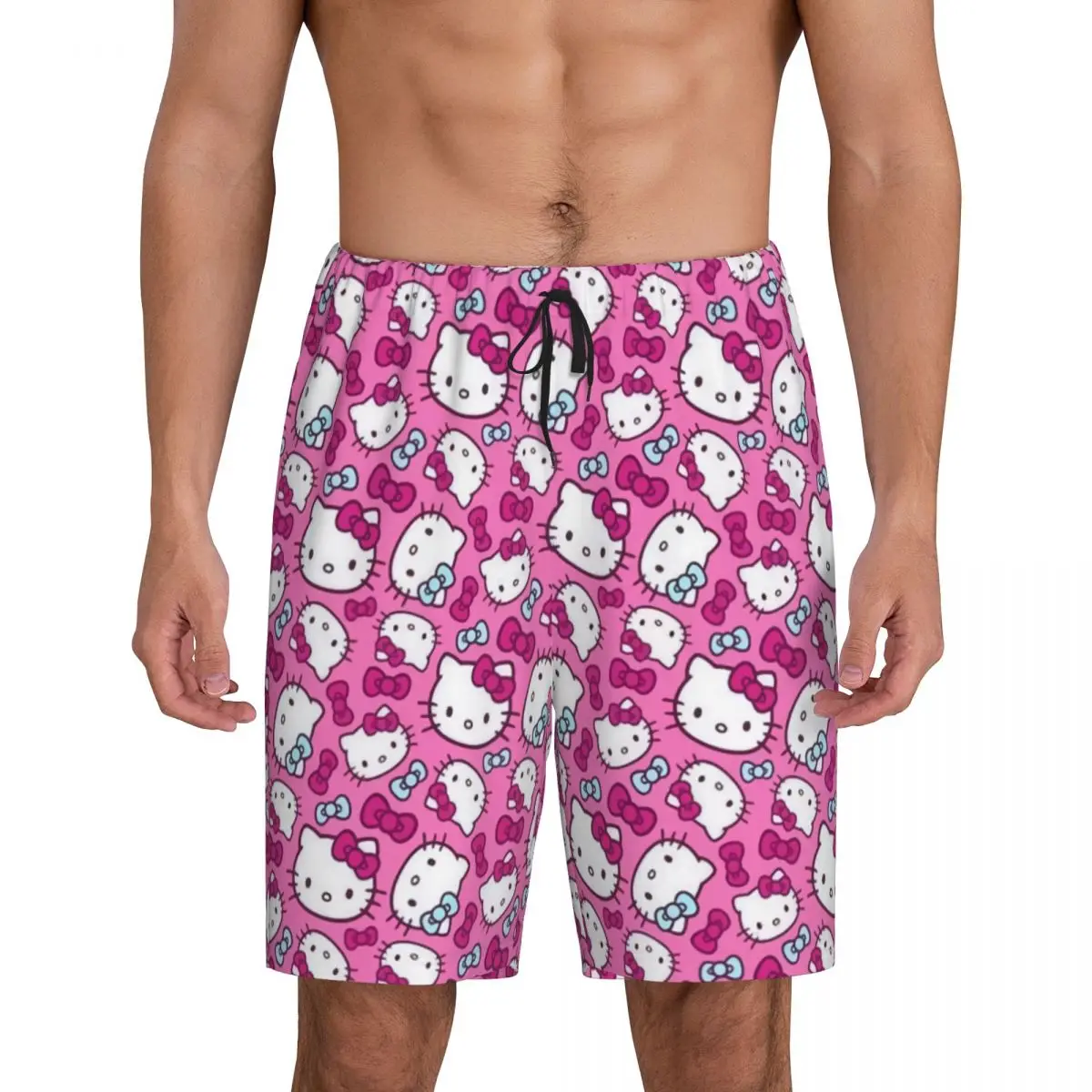 Custom Pink Bow Animated Anime Hello Kitty Pajama Bottoms for Men Lounge Sleep Shorts Stretch Sleepwear Pjs with Pockets