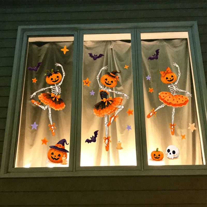 Ballet Pumpkin Skeleton Window Clings, Dancing Skull Glass Stickers, Halloween Festive Decor for Home Party Decoration