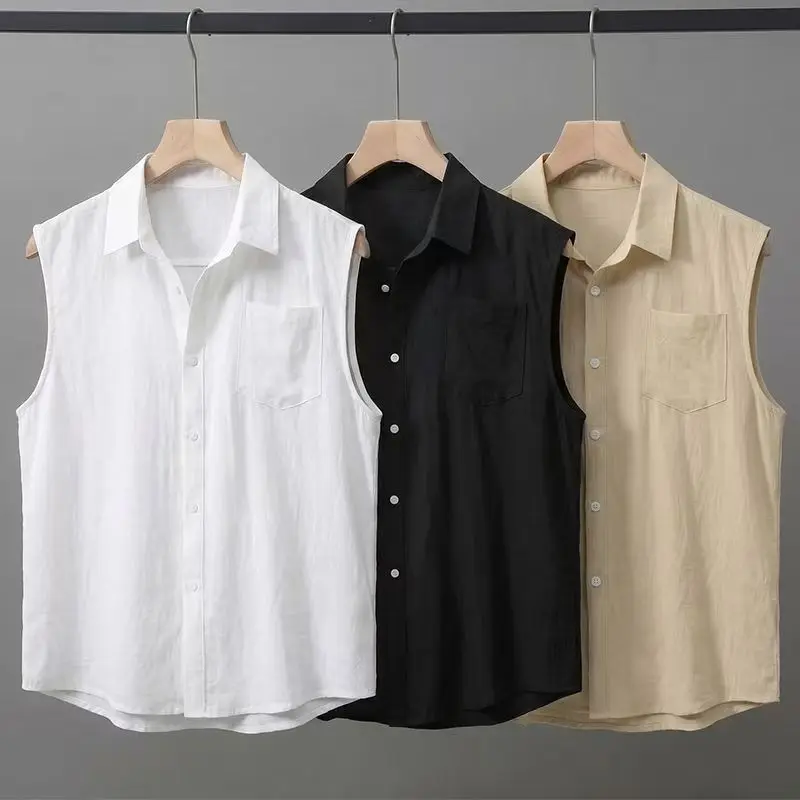 

Solid Color Men's Casual Sleeveless Shirt Thin Quick-drying Loose Turn-down Collar T-shirt Breathable Buttoned Tank Tops