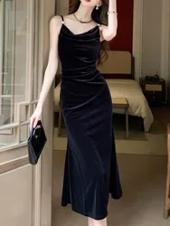 Elegant Women Black Backless Birthday Velvet Dress Autumn Spaghetti Strap Slim Party Evening Dresses Female Casual Vestidos 2024