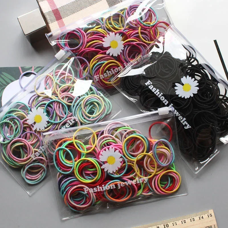 100 Pcs/Lot 3cm Hair Ties Gum Colorful Nylon Rubber Band Rope Girls Hair Accessories Black Elastic Hair Bands SA648