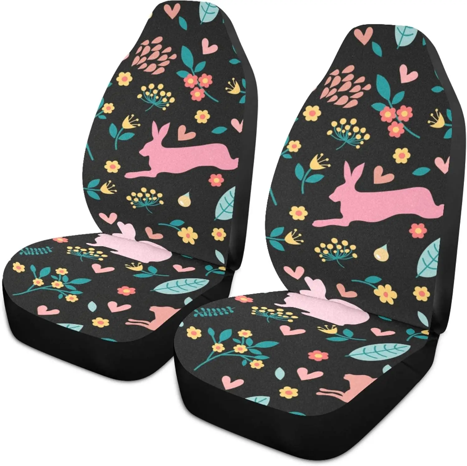 Easter Rabbit Bunny Animal with Colorful Floral Flower Leaf Heart Cartoon Character on Black Car Seat Covers for Front Set of 2