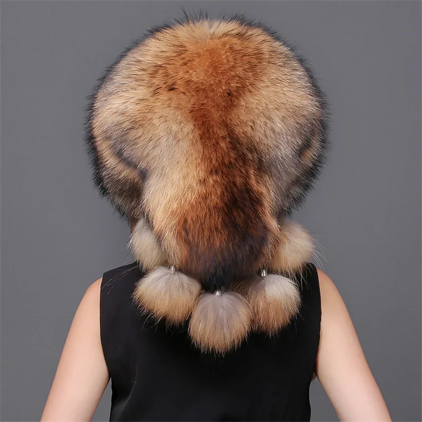 Women Winter Real Natural Fur Silver Red Fox Hat With Pom Pom Fox Tail Lady Winter Warm Hats Soft Hairy Cap