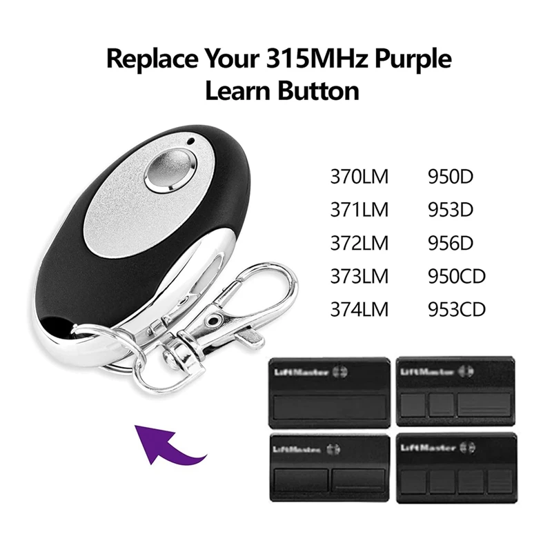 2Pack 315Mhz Purple Learn Button Garage Door Remote Control Keychain For Craftsman 139.53753,For Liftmaster 370LM 371LM