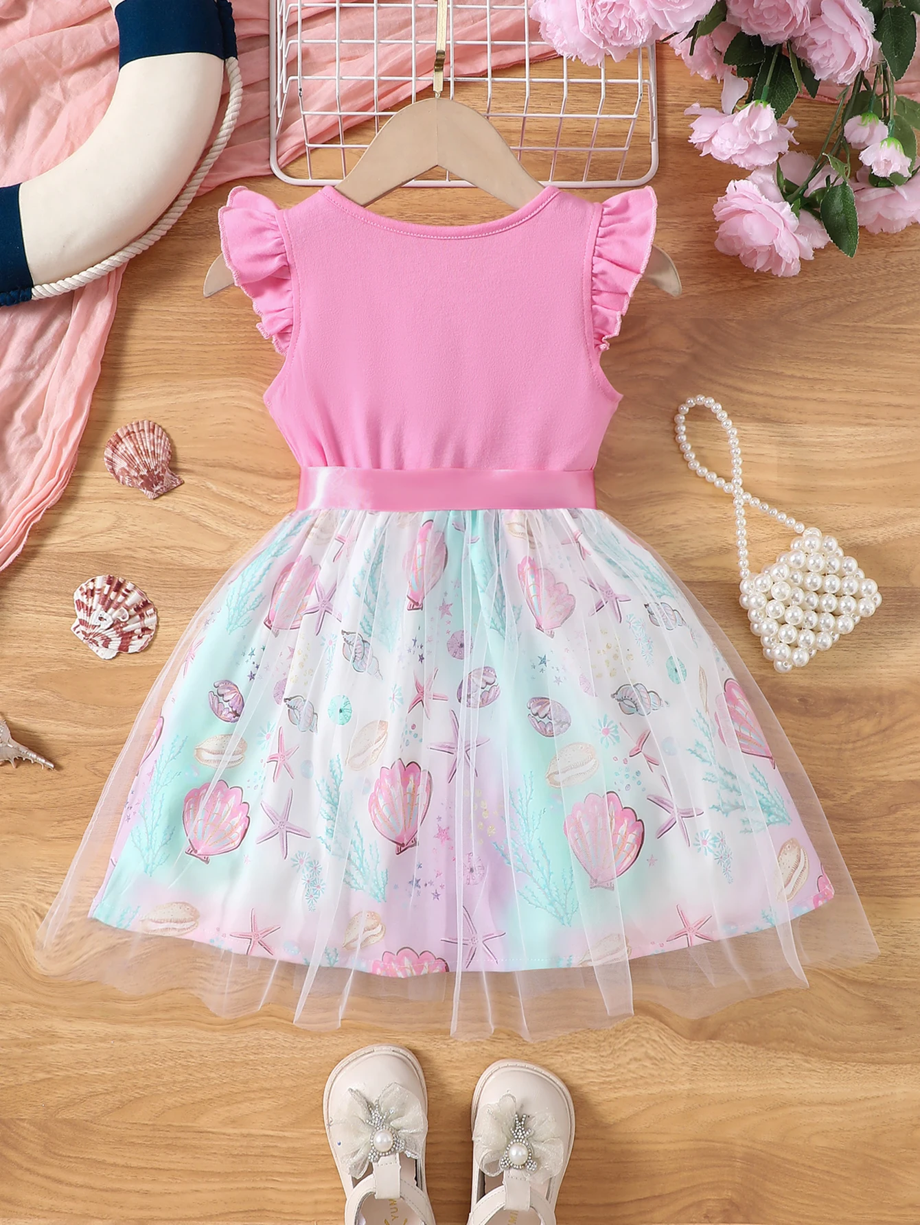 Girls' Knitted Round Neck Cartoon Mesh Dress Mermaid Gift