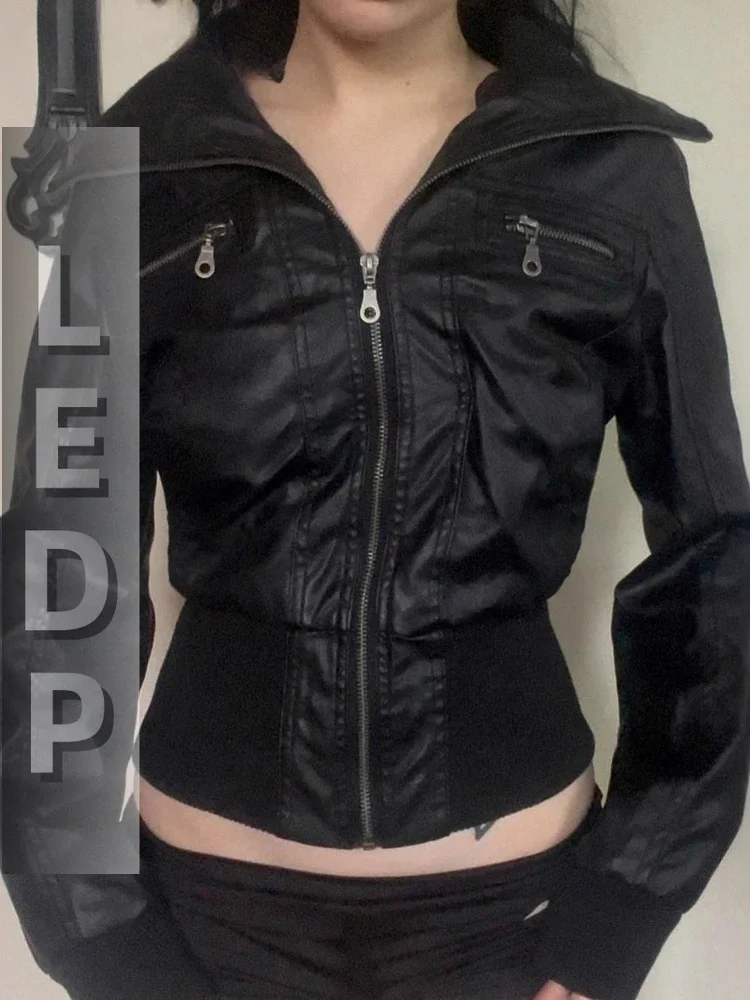 IMU Amercian Vintage Pu Leather Jacket Women Streetwear Harajuku Grunge Emo Alternative Grunge Zipper Casual Coats Female