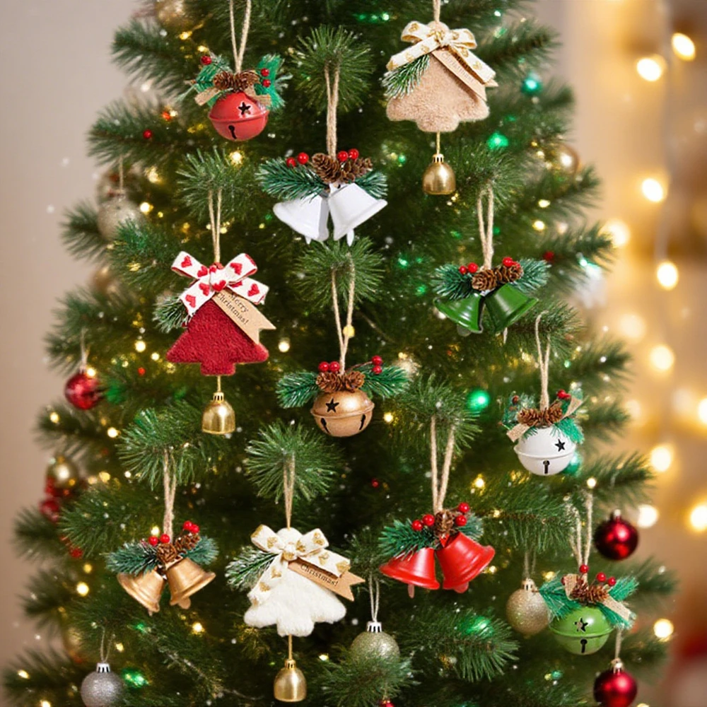 

3/4PCS Double Horn Christmas Hanging Bells Iron Christmas Bell Pendant Handcrafted Berry Leaves Xmas Tree Decorations DIY 2026
