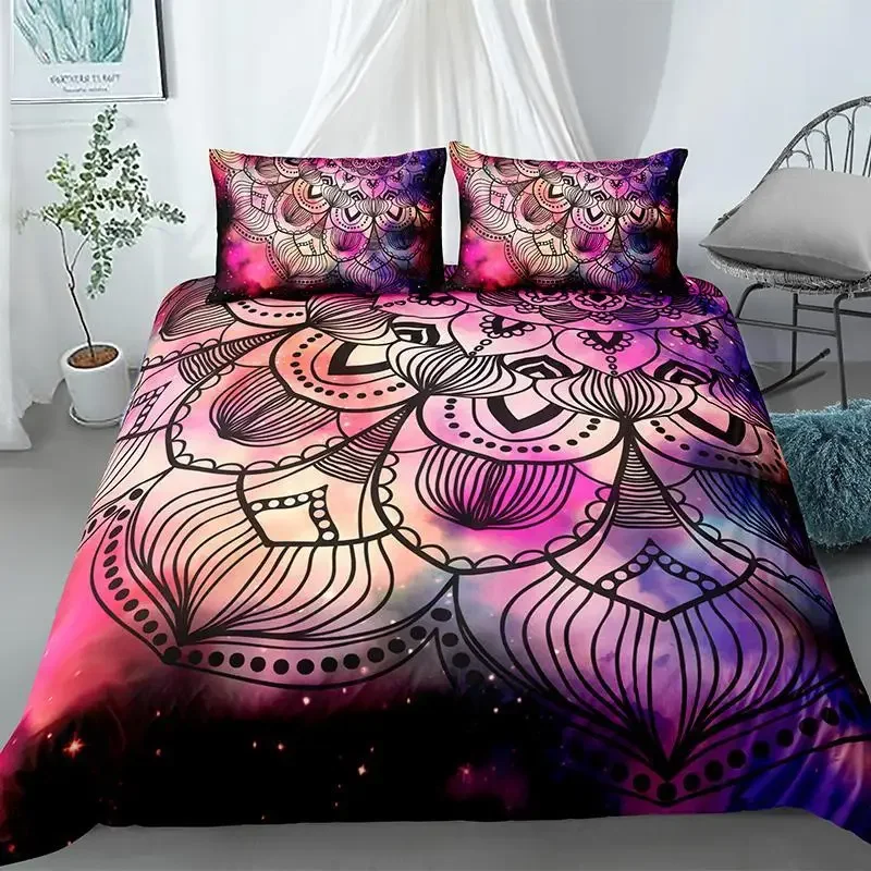 

Mandala Duvet Cover Set King Polyester Tie Dye Paisley Quilt Cover Purple Boho Hippie Trippy Floral Exotic Style Bedding Set