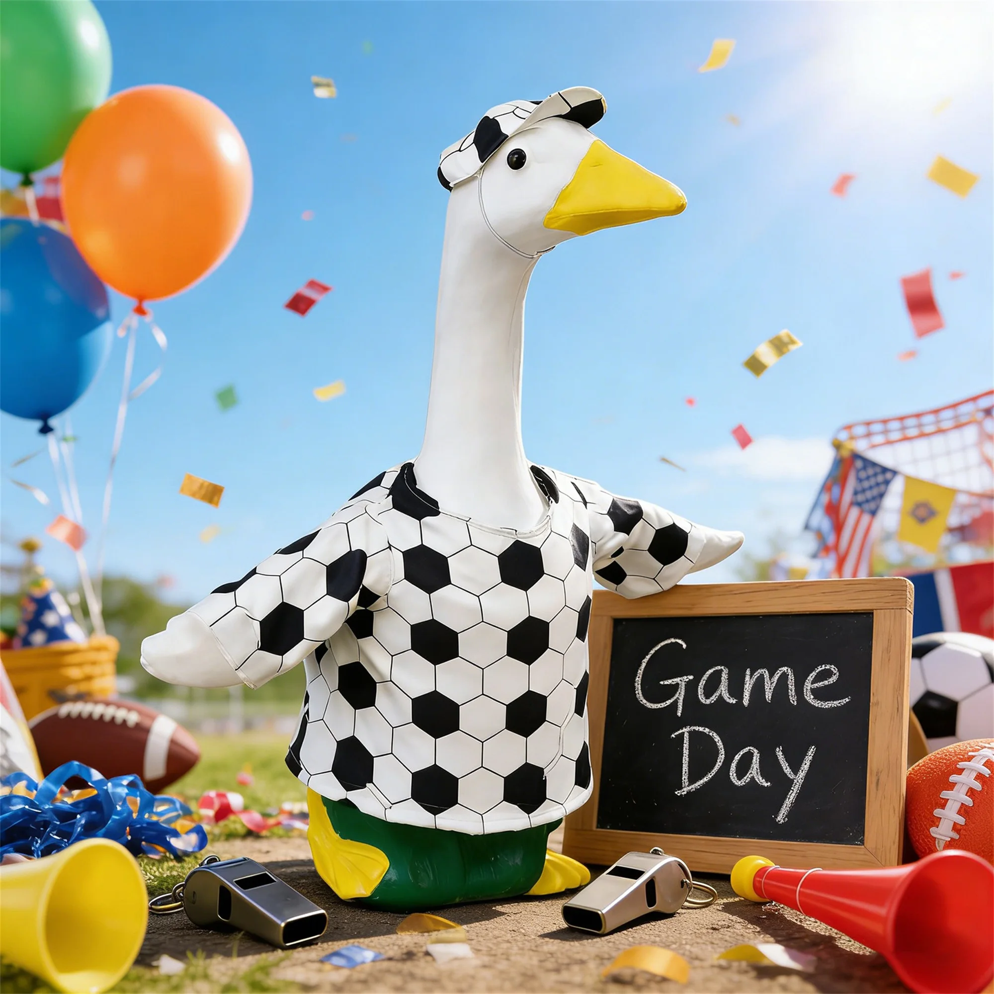 

Костюм для гуся в футбольном стиле с принтом футбольного мяча и шляпой для статуэтки гуся на газоне, для украшения и демонстрации на открытом воздухе и в патио