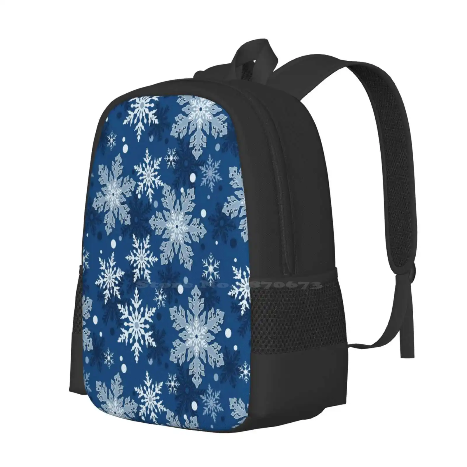 Whimsical Classic Blue Snowflake Pattern Winter Pattern Design Bagpack School Bags Unique Navy Blue Snowflake White Snowflake