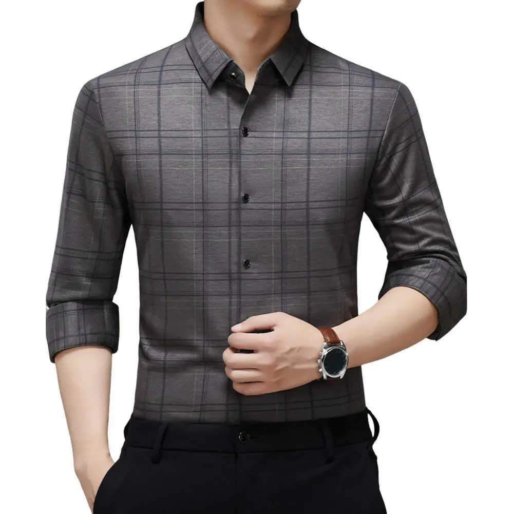 

Men Top Plaid Print Long Sleeve Formal Shirt with Lapel Business Buttons Placket Work Wear Stylish
