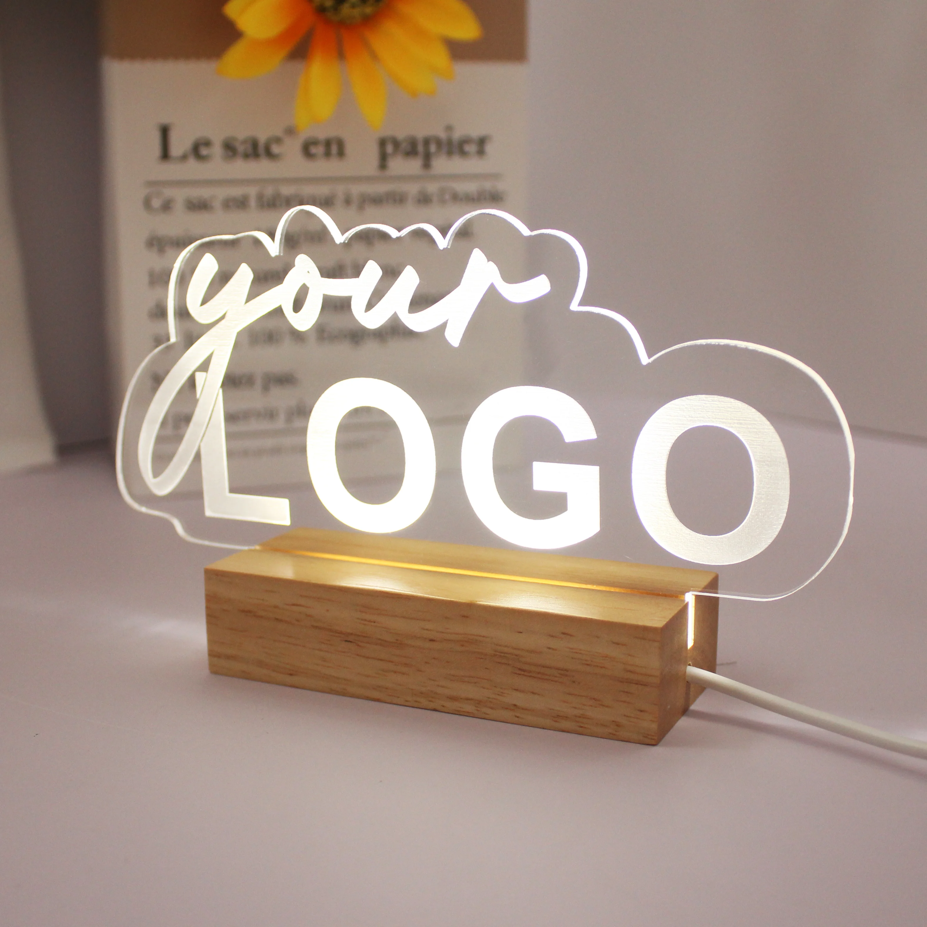 Personalized Brand QR Plaque Light Lamp Corporate Gifts Wood Social Media Table Decor Sign Custom Acrylic Business Logo Sign