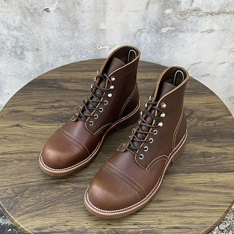 

Mens Boots Motorcycle Goodyear-Welted High Quality Genuine Cow Leather Business Wedding Boots Casual British Style Men Boots