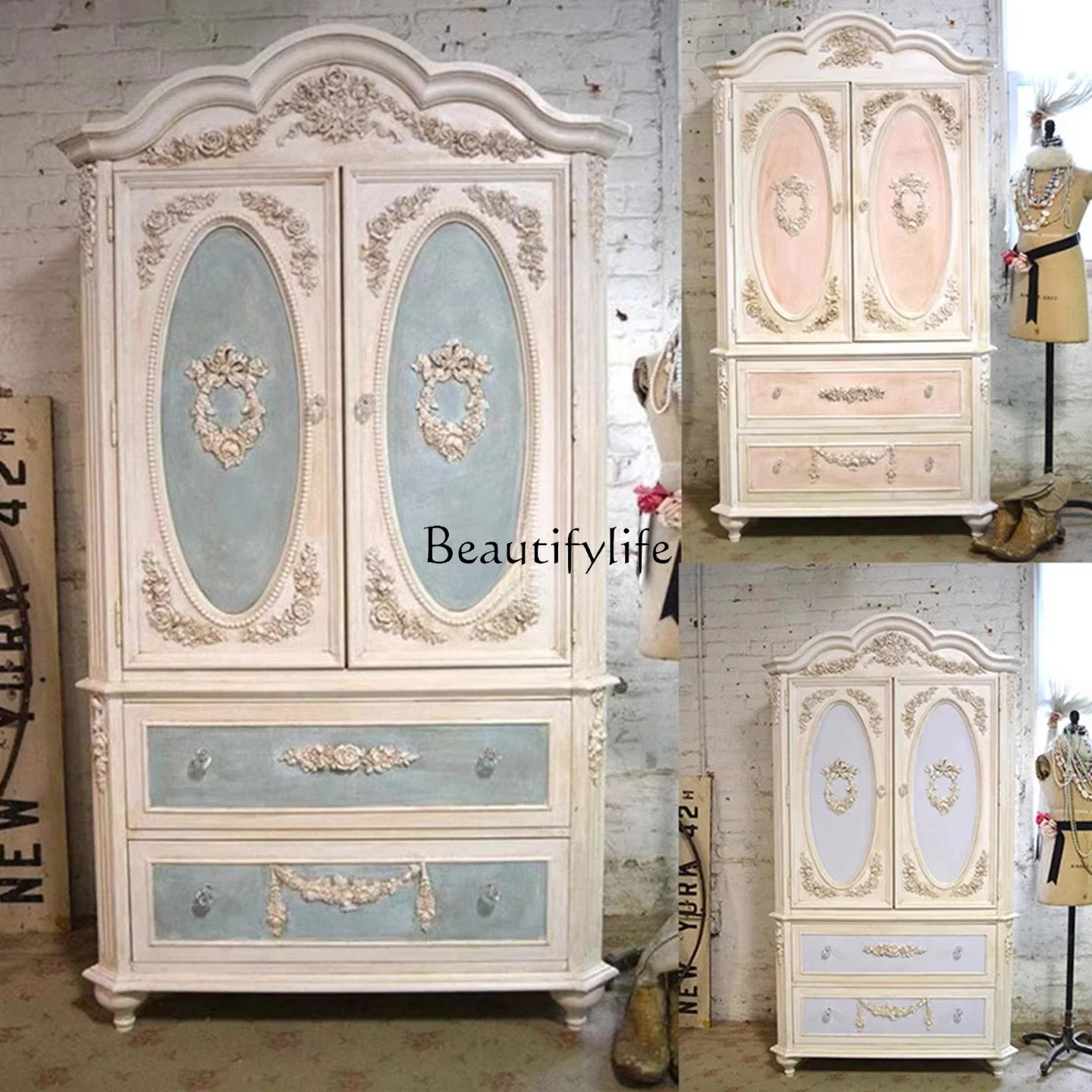 

55Solid wood wardrobe French retro old carved double door storage American home three door four door storage wardrobe