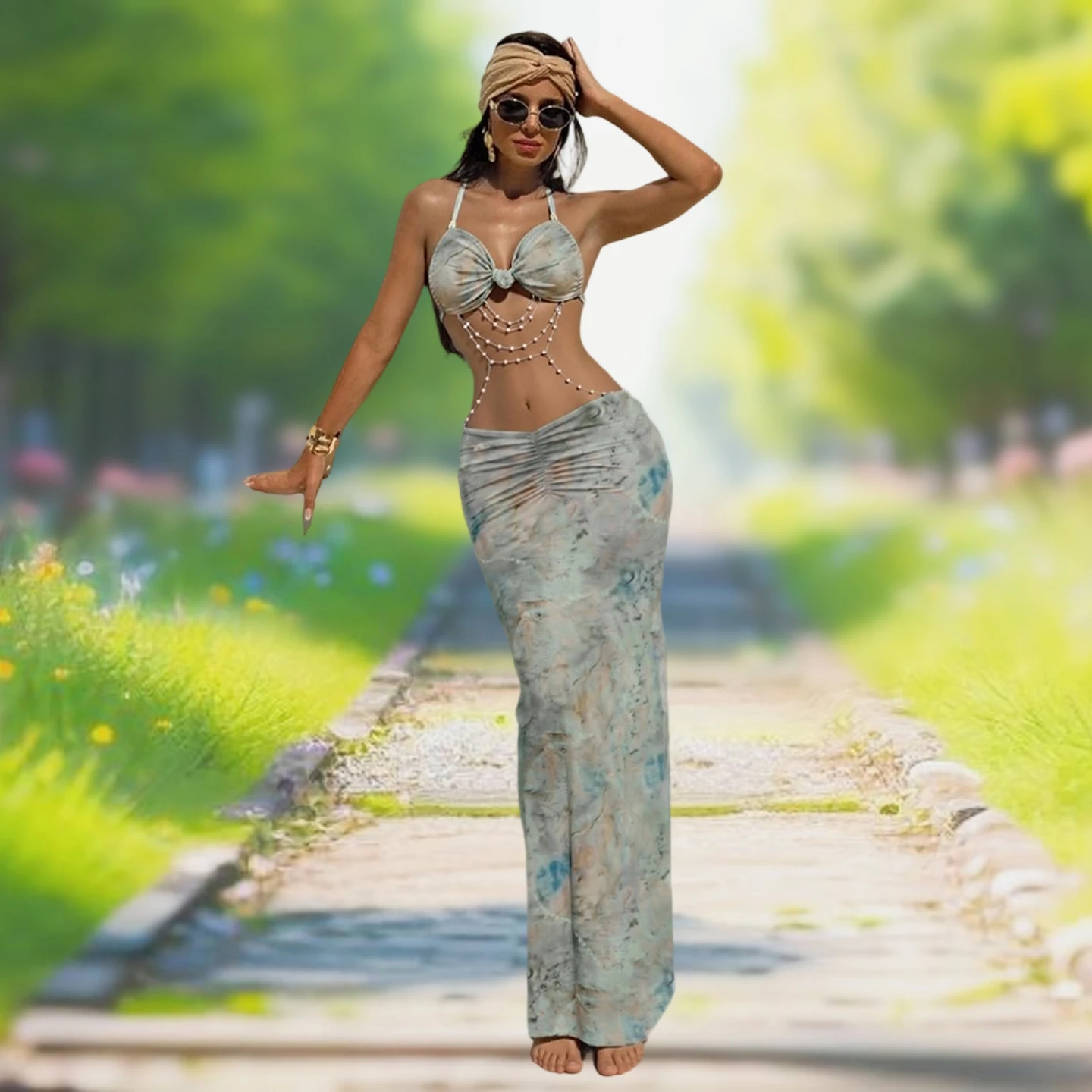 

Sexy Slim Fit Bal Bead Chain Decorated Hanging Ne Strap Dr for Women New Arrival Spring 2025 Low Waist Casual Wear