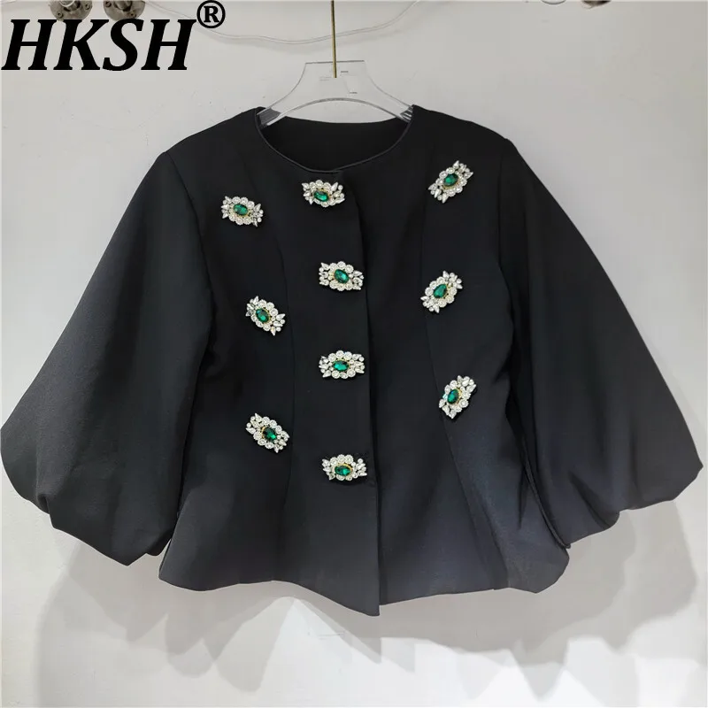 

HKSH Autumn Winter New Women Short Blazer O-neck Puff Sleeve Studded Colorful Diamonds Elegant Chic French Casual Jacket HK12324