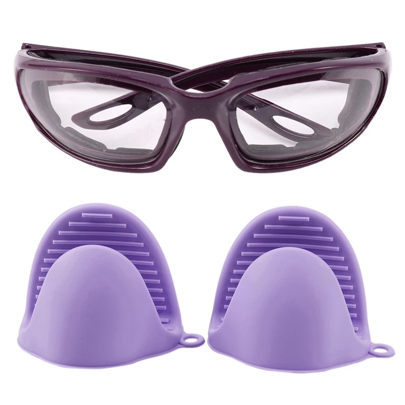 2X Oven Mini Mitts Silicone Heat Resistant Anti-Scald Gloves Purple & 1X Tears Free Onion Chopping Goggles Glasses