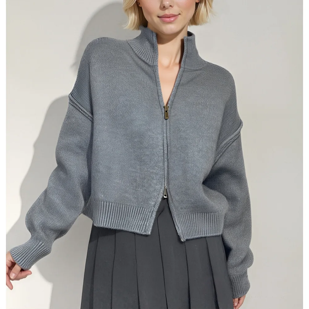 سترة مشغولة من الصوف البلوزات النساء الصلبة لاعبا سستة الوقوف طوق طويلة الأكمام طفيف تمتد فضفاض عادية 2025 الخريف الشتاء