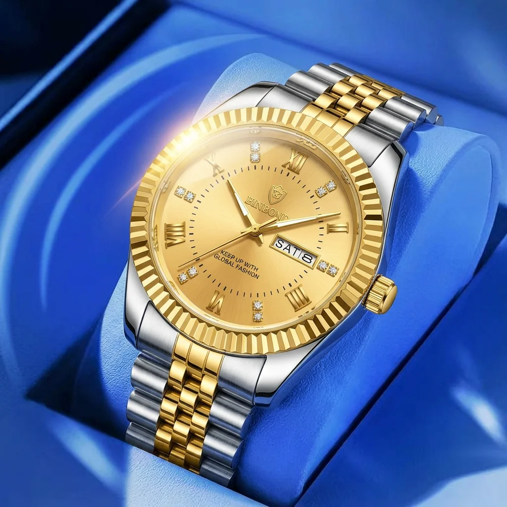 

1pcs Fashion Watch Double Color Strap Roman Numerals Dial Date Week Display Shiny Accents Daily Versatile Elegant Design
