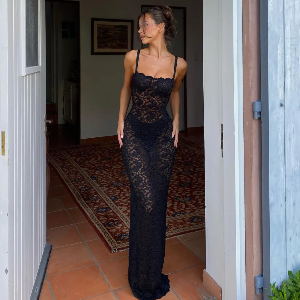 Vestido largo de encaje negro para mujer, traje Sexy, transparente, ajustado, con tirantes, Espalda descubierta, para fiesta de cumpleaños, 2024