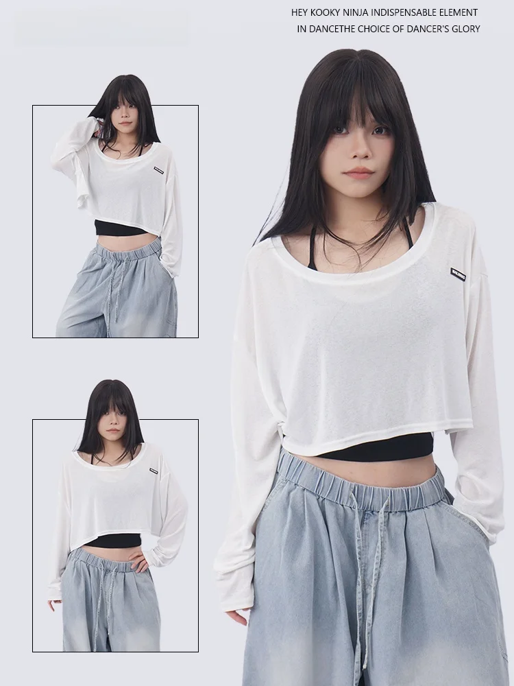 Hey Kooky Hip Hop Loose Short Shoulder T-Shirt Women One Shoulder Jazz Dance Sun Protection Shirt Sexy Style Pure Color Knitted