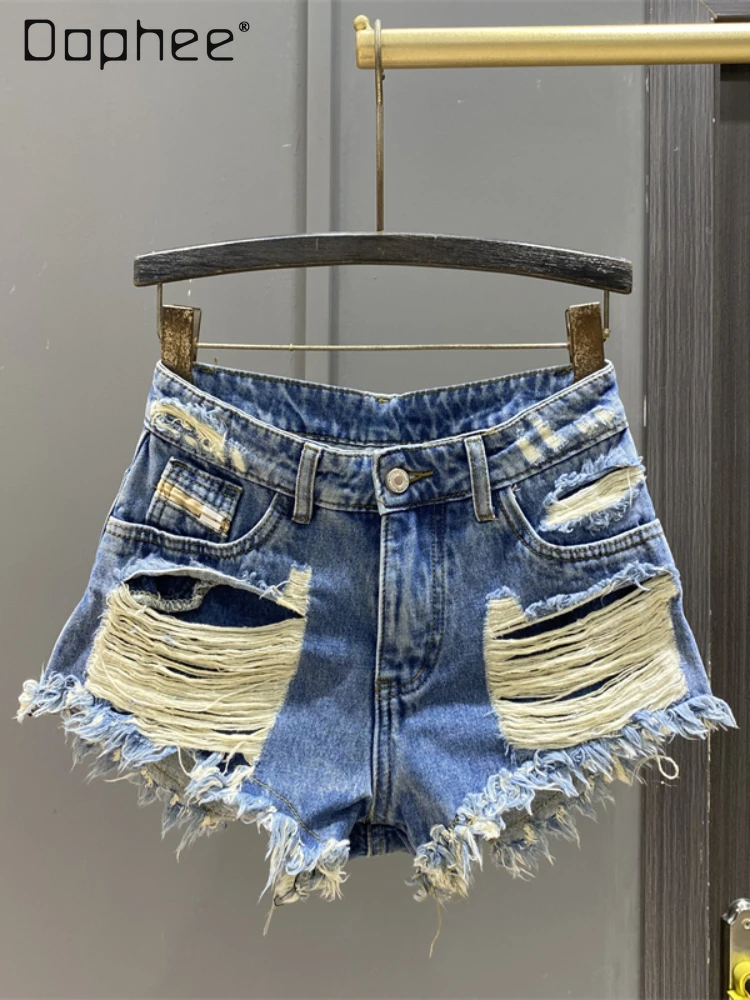 

Fashion Holes Raw Edge Denim Shorts for Women 2024 Summer New High Waist Slimming A- Line Hot Pants Sexy Girl Booty Shorts