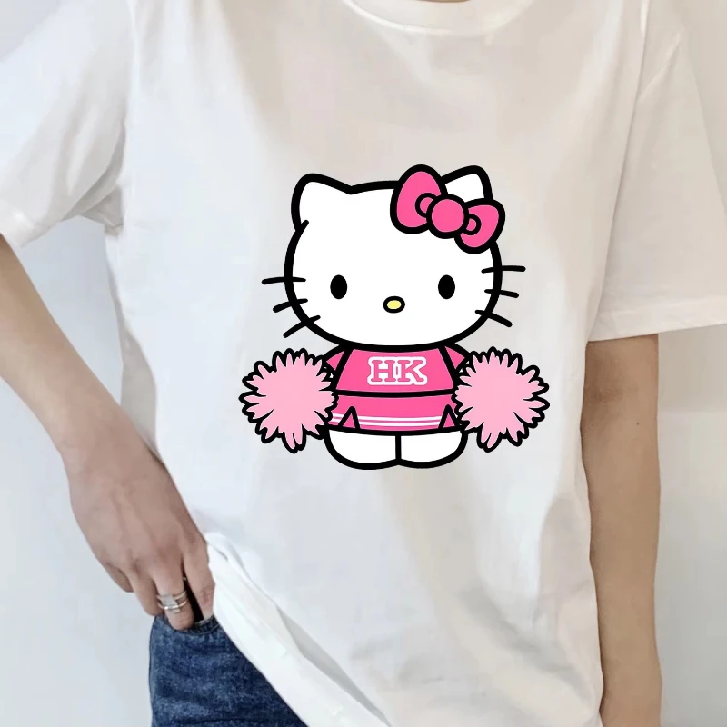 

MINISO Women's Hello Kitty Cheerleading Printed T-shirt Y2K Loose T-shirt Retro Casual Loose Round Neck Short Sleeve Top T-shirt