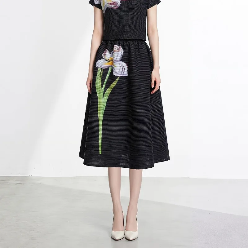 Miyake Pleated 2026 New Summer Skirt Printed Elastic Waist Loose Casual Draped Slimming A-line Skirt Elegant Versatile Skirt