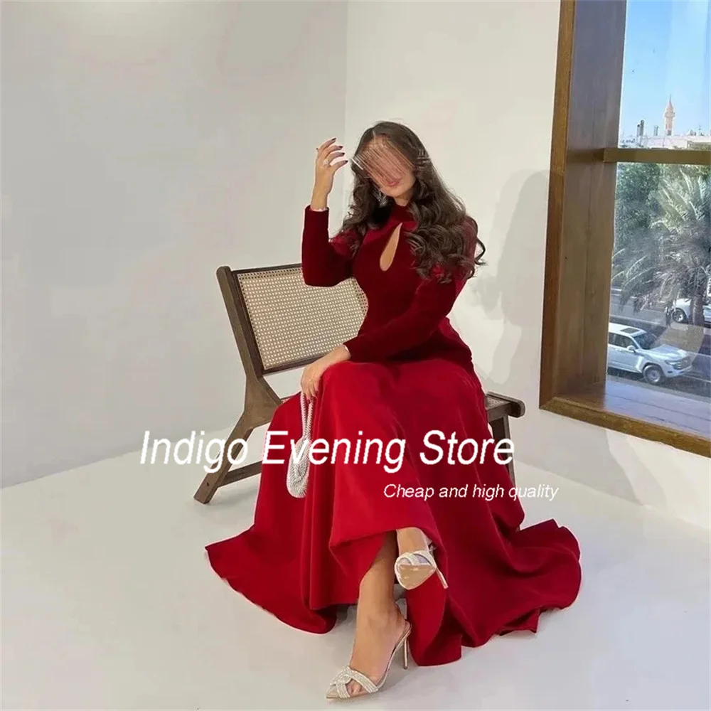 Indigo Prom Dress A-Line Long Sleeve HIgh Collar Pleat Ankle-Length Satin Zipper Back Elegant Evening Gowns For Women فساتين الس