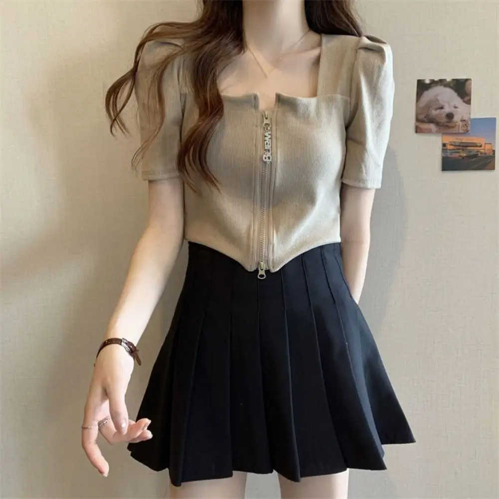 

Stylish Square Neck Double Zipper T-shirt Loose Ins Short Sleeved T Shirts Short Slim Fit Crop Tees for Women Summer