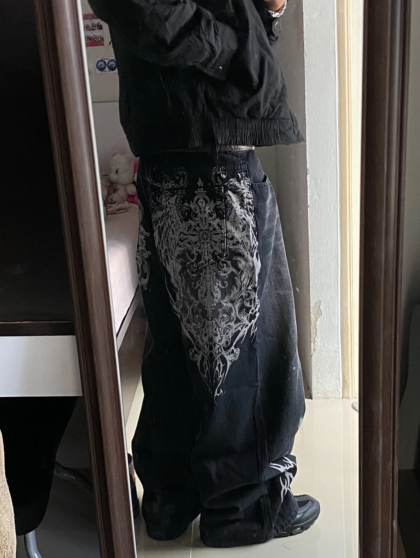 vintage style printing black baggy jeans harajuku trend men women hip hop fashi…