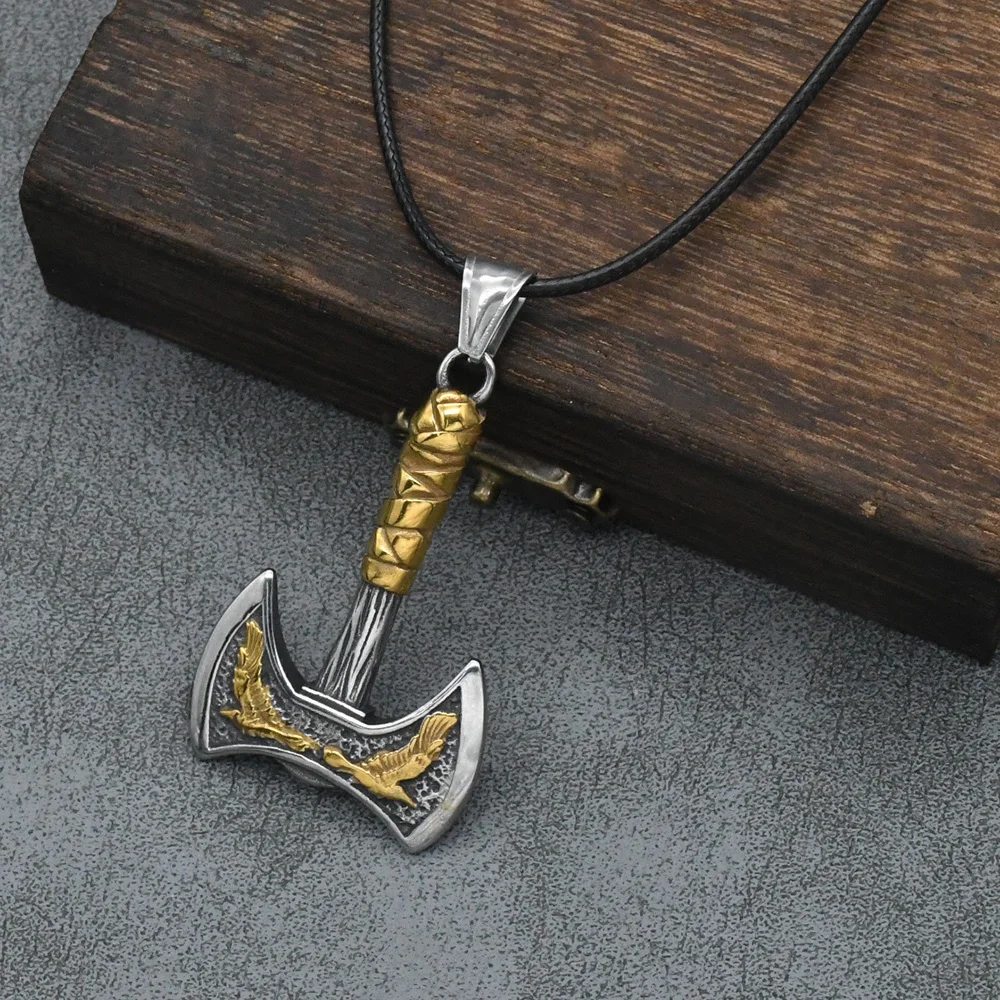 Odin Raven Double Axe Vintage Viking Pendant Stainless Steel Celt Knot Necklace Men\'s Scandinavian Jewelry Gift