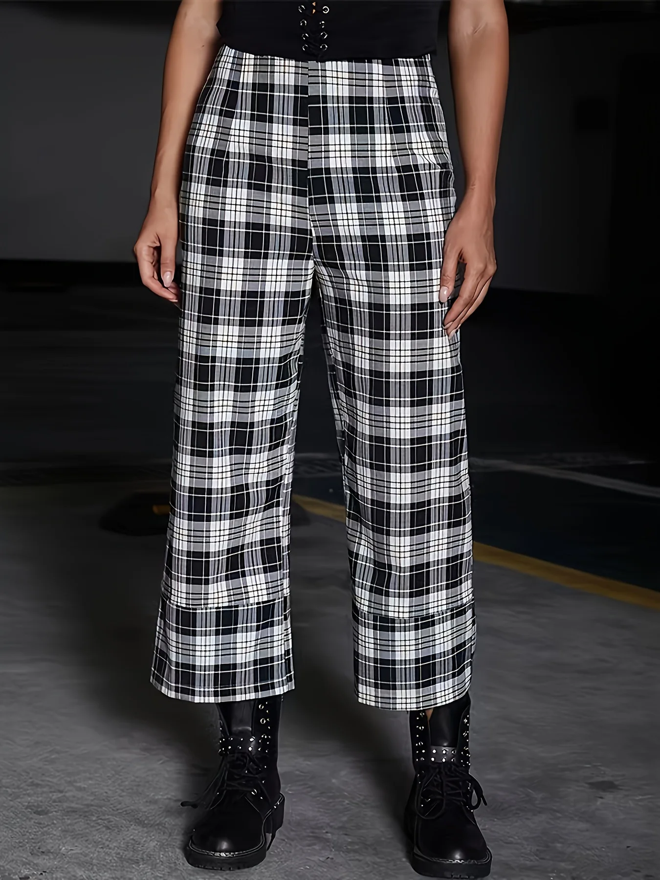Plaid Pattern Straight Leg Pants Casual  Versatile High Waist Pants For Spring  Summer Women's Clothing