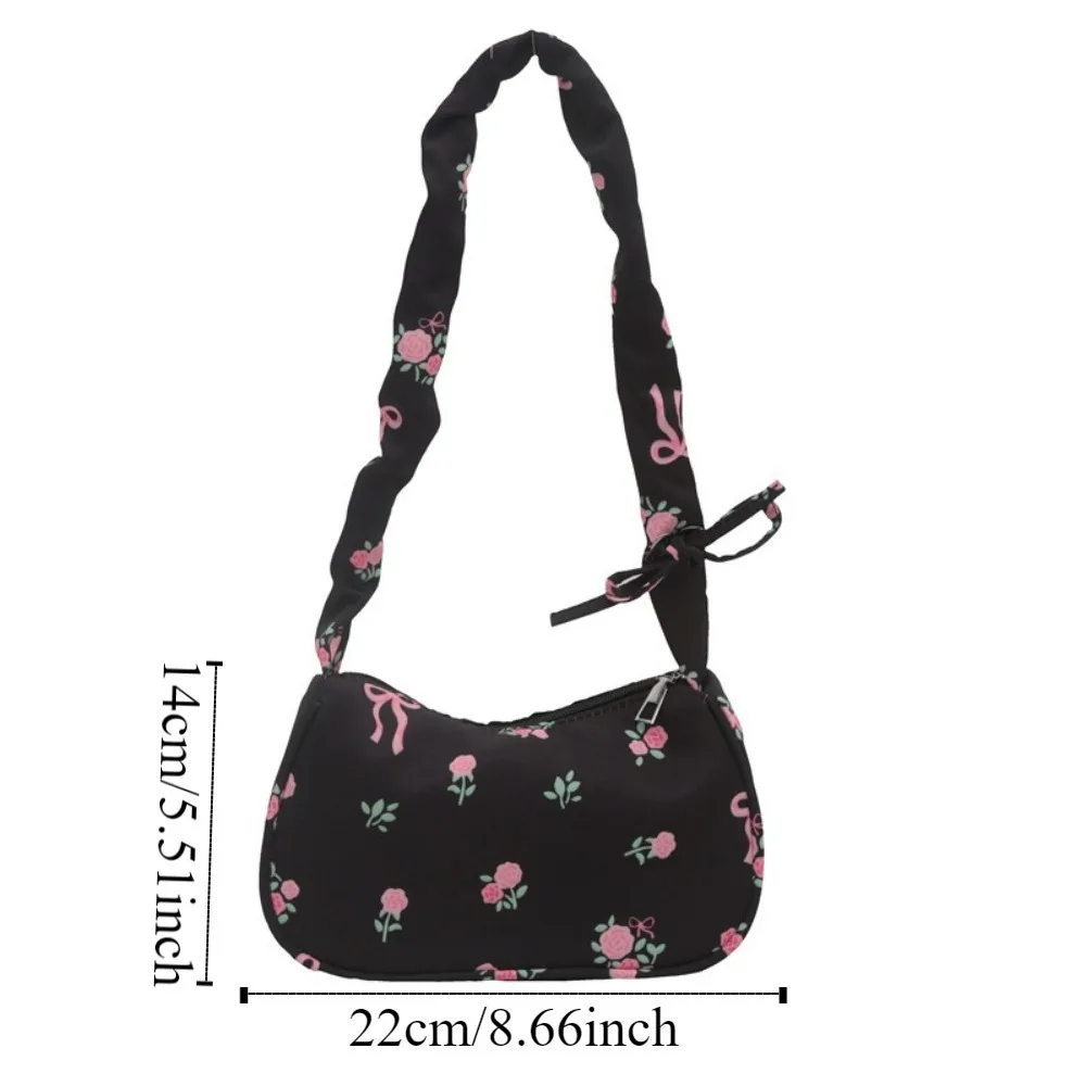 Bolsa axilas plissada com alça de bowknot feminina, bolsa de nylon, bolsa de ombro floral, flor ruched, moda doce, estilo coreano