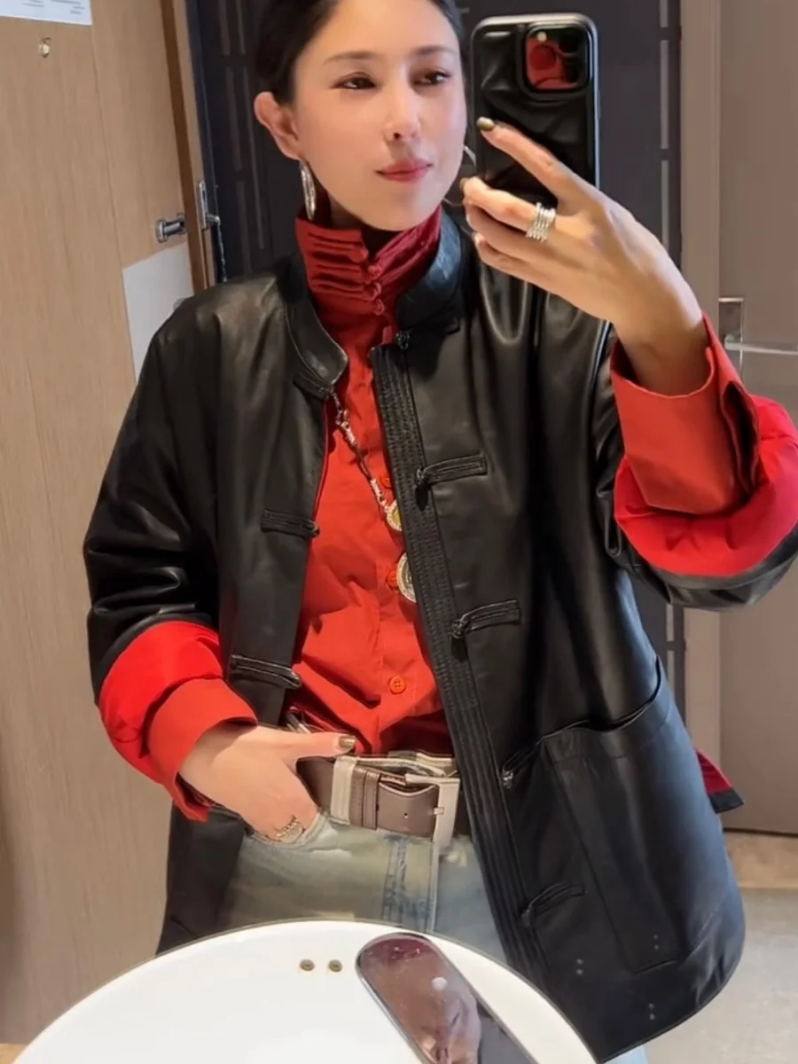 

Black Stand Collar Button up Cotton Jacket Chinese Style New Year Celebration Women's Outerwear Short Length Sheepskin Leather