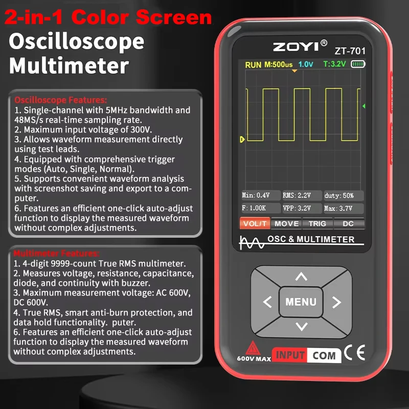 ZOYI ZT-701 2 IN 1 Multimeter Osiloskop Digital 48Msps 5MHz Multimeter Portabel Alat Uji Listrik Multifungsi