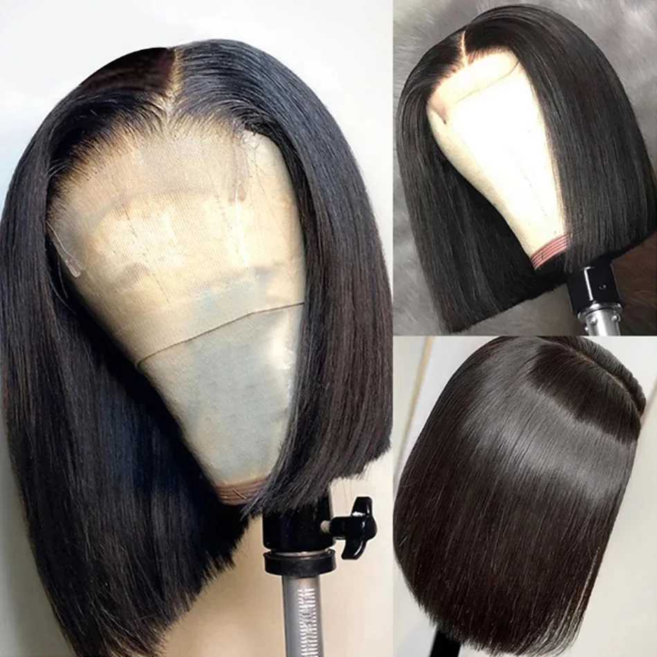 Perruque Bob Lace Front Wig Remy Naturelle Lisse, Cheveux Courts, 4x4, 13x4, pour Femme Africaine